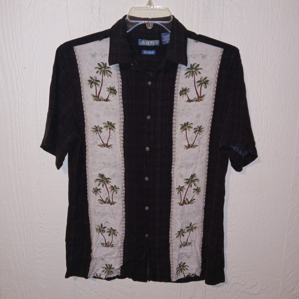 Campia Button Down Shirt Mens Medium Black Palm Tree Embroidered Rayon Bowling